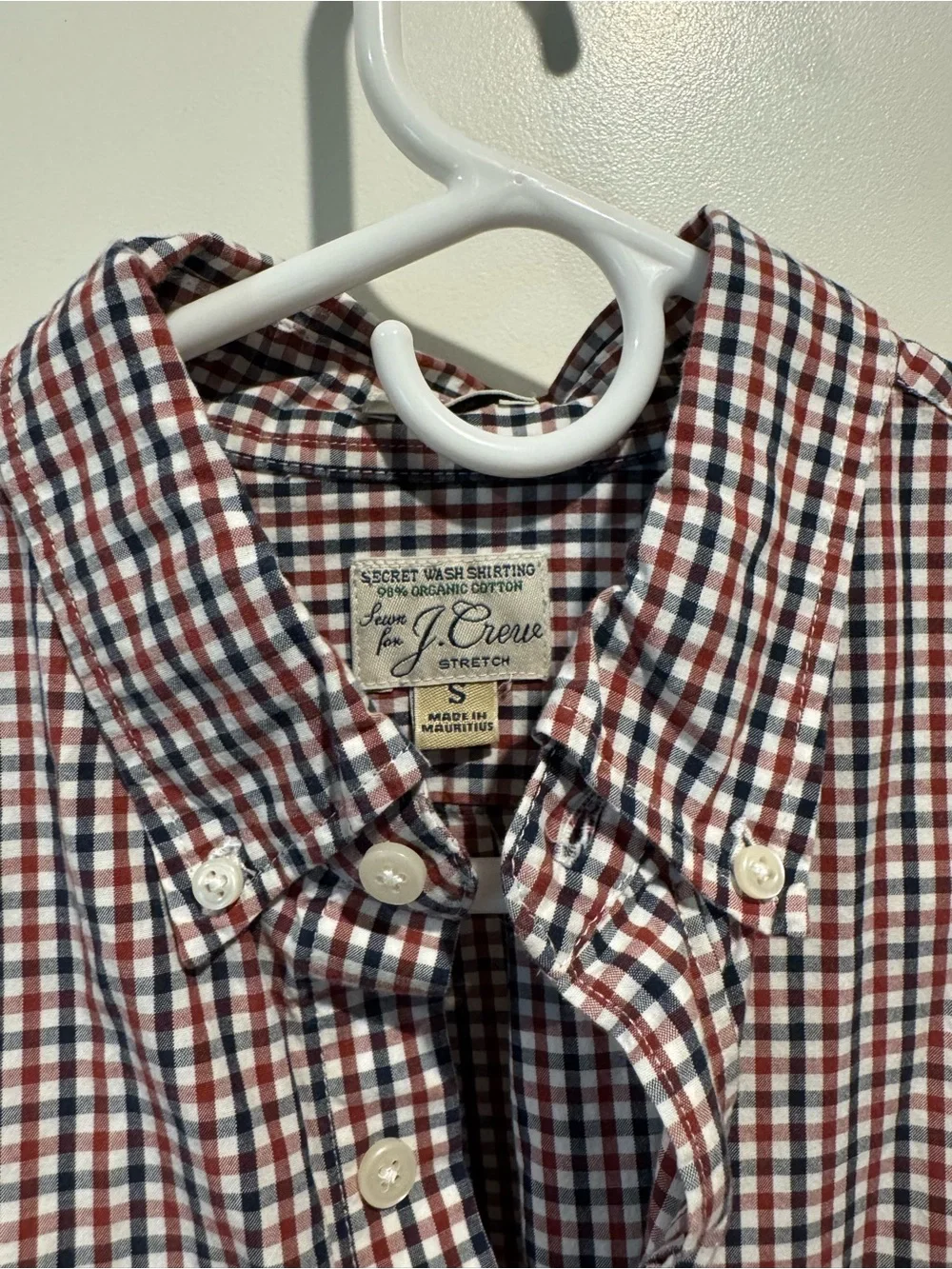 J. Crew Men's Red and Navy Small Check Button-Down Shirt. Size S